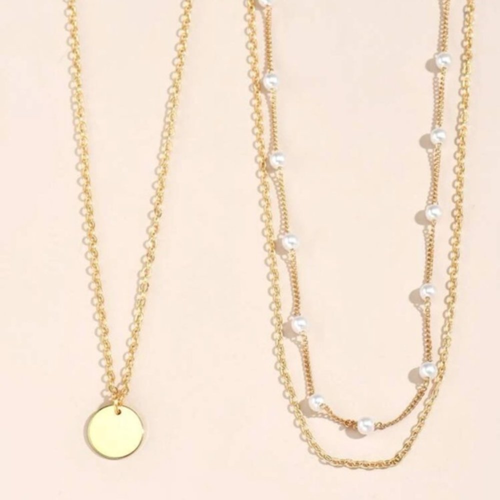 Yellow Gold Plated Disc Faux Pearl Necklace - 2 pieces - Picture 5 of 6